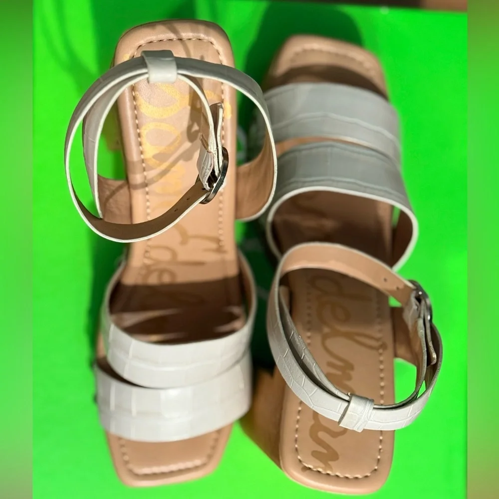 Sam Edelman Cream Croc-Embossed Platform Sandals with Ankle Strap